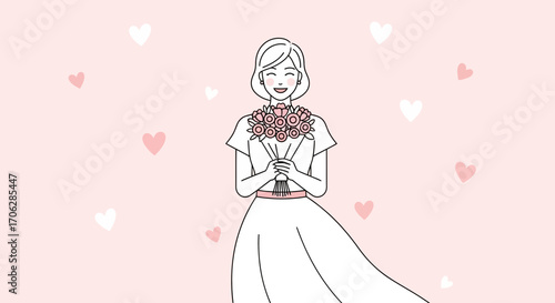 Smiling Bride Holding a Bouquet Surrounded by Hearts on a Playful Pastel Background