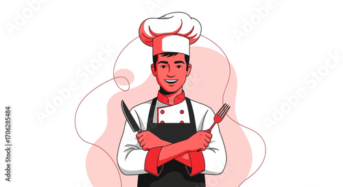 Smiling Chef Depicted in a Vector Illustration Holding Kitchen Tools and Ready To Cook at Restaurant