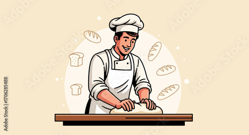 Smiling Chef Baking Fresh Dough, Creating Delicious Bread In A Kitchen, Illustration