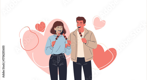 Smiling Couple Enjoying Skewers With Hearts In The Background Demonstrating Romantic Affection