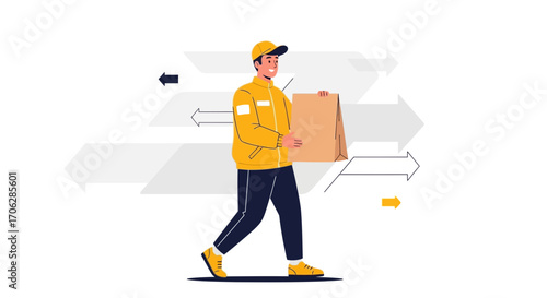 Smiling Courier Delivering Package Against Illustrated Arrows Pointing Directions Effectively