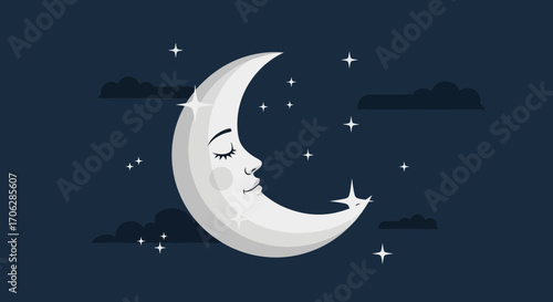Smiling Crescent Moon With Sleeping Face And Dazzling Stars Against Deep Blue Canvas