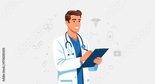 Smiling Doctor Holds Clipboard, Taking Notes, Vector Illustration, Modern Medical Professional