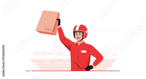 Smiling Delivery Man on Motorcycle Delivering Package with Joy in Cityscape Concept