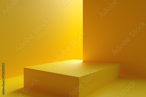 Yellow geometric podium in a corner with bright lighting