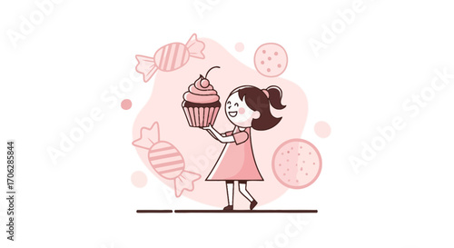 Smiling Girl Holding Delicious Cupcake and Enjoying Sweet Treats in Delight