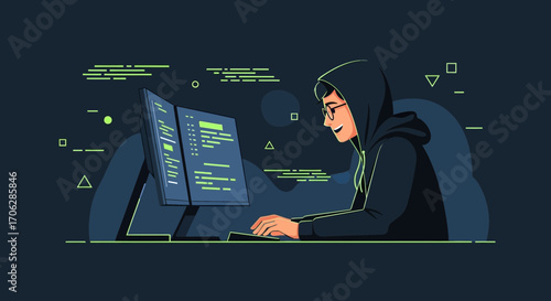Smiling Hacker Working On Dual Screen Computing Interface Concept Illustration