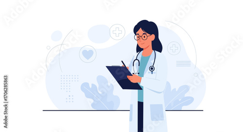 Smiling Healthcare Professional in Coat, Documenting Patient Information, Modern Medical