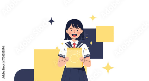 Smiling Japanese Student Holds Book, Celebrating Academic Achievement With Bright Decorations