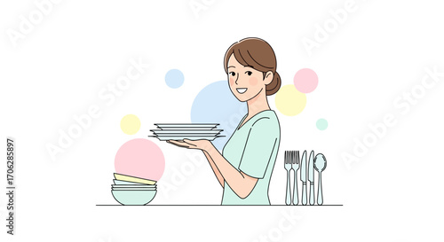 Smiling Lady Holding Plates and Utensils in Clean, Colorful And Delightful Composition