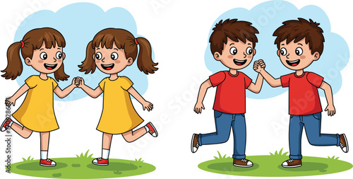 Happy kids playing together, cartoon children illustration, boys and girls holding hands, joyful childhood moment, friendship, fun, outdoor activity.