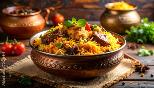 Aromatic rice dish in a copper bowl, garnished with herbs and spices