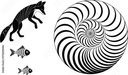Abstract black and white geometric fox, fish, and spiral design, modern digital art, optical illusion pattern, sty