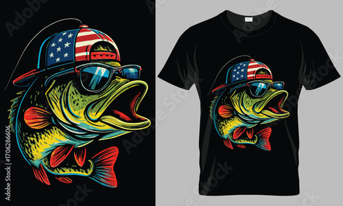 Cool Bass Fish with Sunglasses and American Flag Hat T-shirt Design