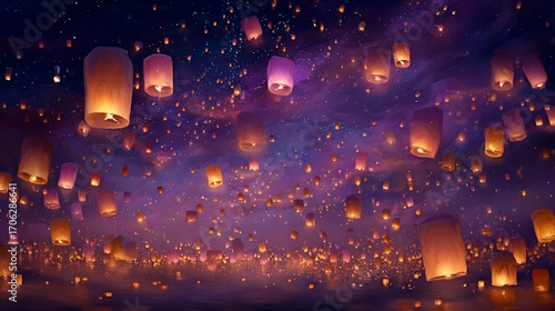 Fototapeta Naklejka Na Ścianę i Meble -  Sky filled with glowing lanterns at night, beautiful soft light painting the scene