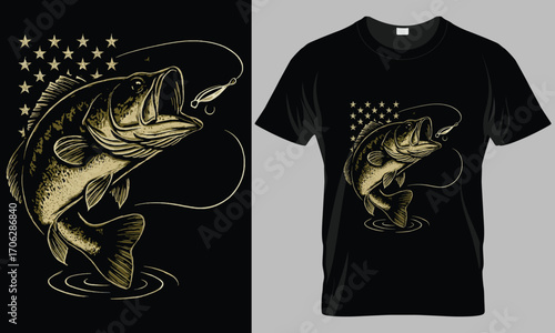 Vintage Bass Fishing Graphic with American Flag Stars T-shirt Design