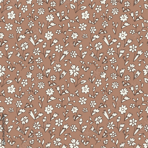 Monochrome brown and white ditsy floral seamless pattern. Hand drawn vintage backdrop with tiny flowers. Cottagecore texture