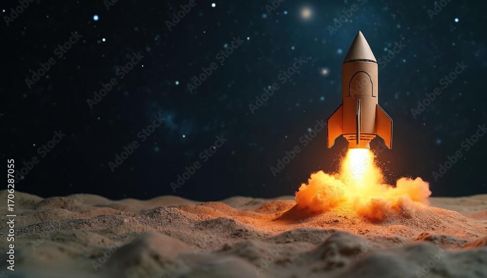 Cardboard rocket takes off from sandy surface into starry night sky. Concept of business startup, innovation, growth. Ambition, progress, exploration towards future goals. Represents journey, Cardboard rocket takes off from sandy surface into starry night sky. Concept of business startup, innovation, growth. Ambition, progress, exploration towards future goals. Represents journey,