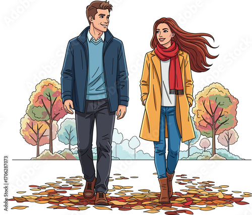 Happy young couple walking in autumn park, enjoying fall weather, colorful leaves, nature stroll, love, fashion, and outdoor relaxation together.