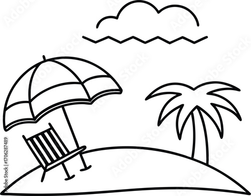 A simple line drawing of a beach scene with a palm tree, umbrella, and lounge chair under a cloudy sky, isolated on white background