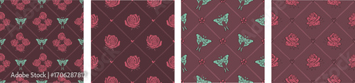 Red Rose flowers and butterflies vintage seamless pattern with trellis grid