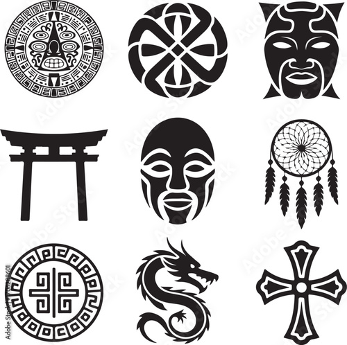 Diverse Cultural Symbols A Visual Compilation of Global Iconography Representing Art History and Symbolic Significance Throughout Time and Civilizations