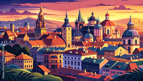 Kraków Historic Centre, Poland, a mosaic of Renaissance palaces, cobbled squares, and soaring churches bathed in soft twilight, echoing with distant bell chimes.