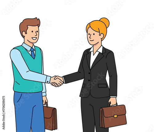 Vector illustration of two business people shaking hands with briefcases
