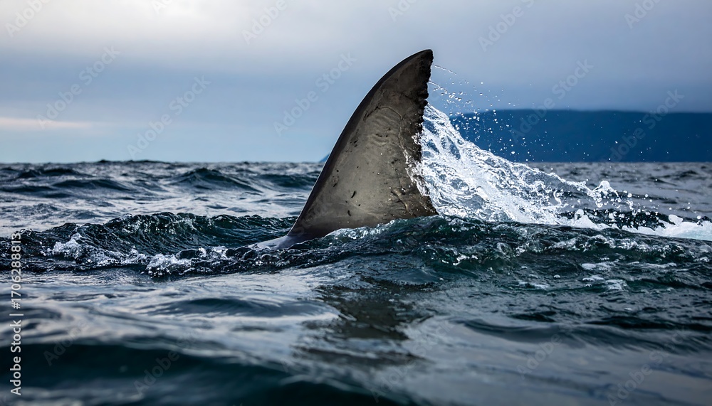 Fototapeta premium Shark fin breaking the ocean's surface