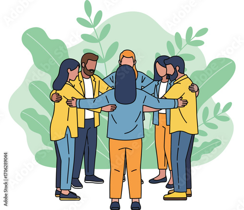 Vector illustration of diverse group of people hugging in a circle with plants in the background