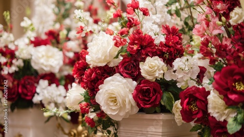 Vibrant floral arrangements showcase red and white roses alongside delicate white flowers in an elegant indoor space. The display adds beauty and charm to the event atmosphere.