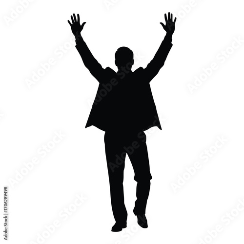 Silhouette of a man in a suit with arms raised in celebration or victory silhouette