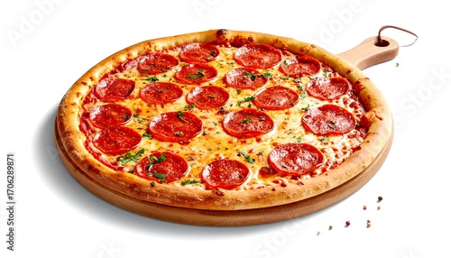 Delicious pepperoni pizza on a wooden board (1)