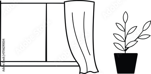 A simple line drawing of a window with curtains and a potted plant, isolated on white background