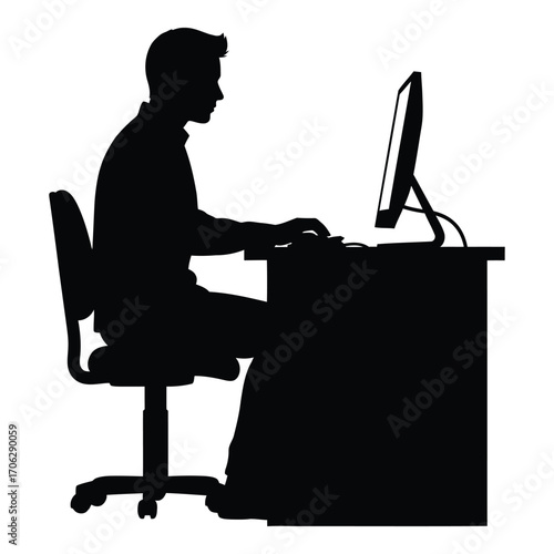 Silhouette of a person working at a computer desk in an office setting silhouette