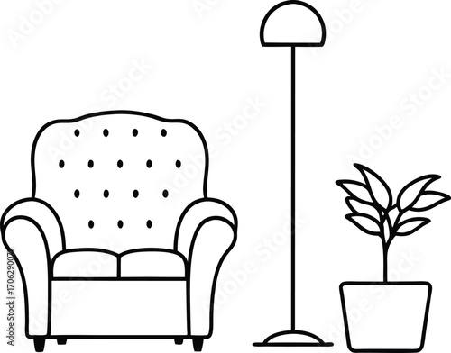 A line drawing of an armchair, a floor lamp, and a potted plant, isolated on white background