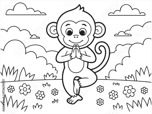 Coloring page of happy monkey in yoga tree pose for children and adults