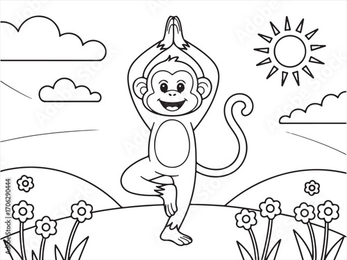 Cute cartoon monkey exercising yoga pose with flowers and sun coloring sheet