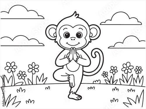 Funny monkey practicing yoga in nature black and white line art drawing