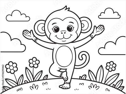 Cartoon monkey doing yoga tree pose outdoors coloring page illustration