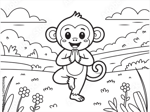 Cartoon monkey practicing yoga tree pose outdoors with flowers sun and clouds black and white line drawing coloring page illustration for children and adults fitness relaxation fun animal art