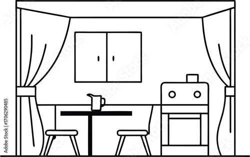 A line drawing of a kitchen scene with curtains, a table, chairs, and a stove, isolated on white background