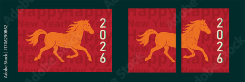 Happy New Year 2026 greeting card with running horse silhouette in modern minimalist style in red and orange colors for Chinese zodiac year of the horse.