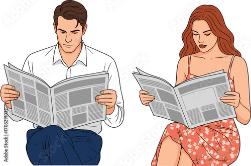 Man and woman reading newspaper, sitting together, focused expression, daily news, media consumption, modern lifestyle, casual clothing, quiet time