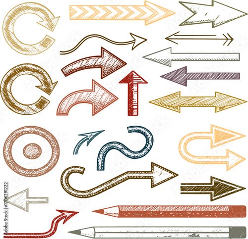 Creative hand-drawn arrow collection featuring spiral, curved, wavy, looped, and straight arrows in multiple directions. Designed with rough crayon and pencil texture for a playful doodle style. 