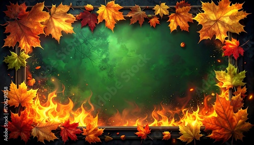 Autumn leaves frame with fire and forest