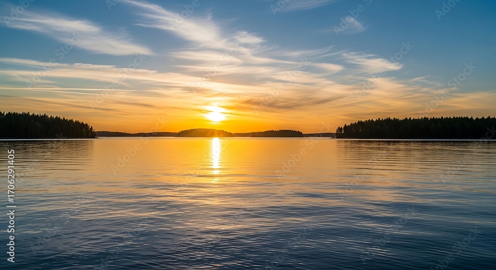 Fototapeta premium Golden sunset over calm lake with forest silhouette water clouds