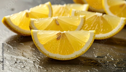 Close-up of sliced lemons on dark stone
