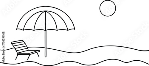 A simple line drawing of a beach scene with a lounge chair and umbrella under a sun, isolated on white background