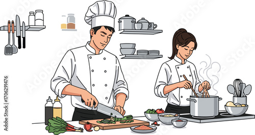 Professional chefs cooking in kitchen, man chopping vegetables, woman stirring pot, teamwork, culinary preparation, restaurant kitchen, food, recipe, meal